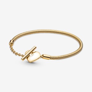 Gold Plated Pandora Moments Heart T-Bar Snake Charm Bracelets | 3169425-AZ