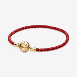 Gold Plated Pandora Moments Red Woven Leather Charm Bracelets | 7106934-KF