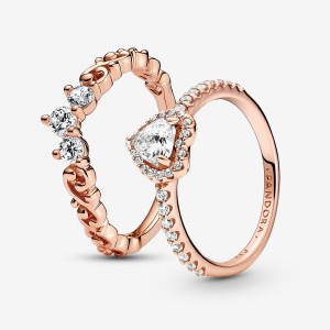 Rose Gold Plated Pandora Clear Three-Stone Heart & Promise Rings | 4156392-AT