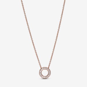 Rose Gold Plated Pandora Logo Pavé Circle Collier Pendant Necklaces | 5329076-TU