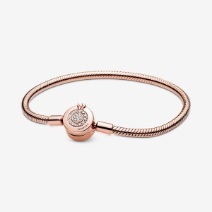 Rose Gold Plated Pandora Moments Sparkling Crown O Snake Chain Bracelets | 2187540-VD