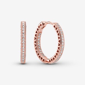 Rose Gold Plated Pandora Sparkle and Hearts Hoop Earrings | 8204753-CY