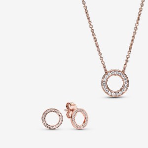 Rose Gold Plated Pandora Sparkling Pave Circle Jewelry Gift Set Necklace & Earring Sets | 0935127-YJ