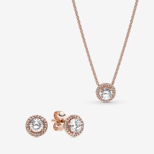 Rose Gold Plated Pandora Sparkling Statement Halo Jewelry Gift Set Necklace & Earring Sets | 5834210-JV