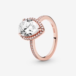 Rose Gold Plated Pandora Sparkling Teardrop Halo Halo & Solitaire Rings | 2814706-OY