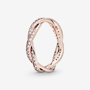 Rose Gold Plated Pandora Sparkling Twisted Lines Band Rings | 5082713-TJ