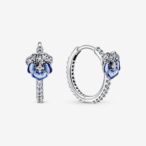 Sterling Silver Pandora Blue Pansy Flower Hoop Earrings | 3589467-VA