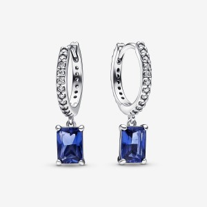 Sterling Silver Pandora Blue Rectangular Sparkling Hoop Earrings | 5408796-HL