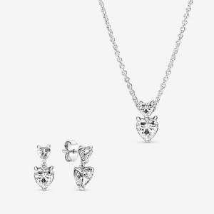 Sterling Silver Pandora Double Heart Pendant Sparkling Collier Necklace Pendant Necklaces | 7160254-BX