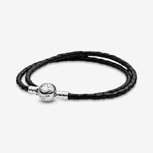 Sterling Silver Pandora Moments Double Black Leather Charm Bracelets | 9382406-FT