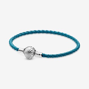 Sterling Silver Pandora Moments Seashell Clasp Turquoise Braided Leather Charm Holders | 2541739-DS