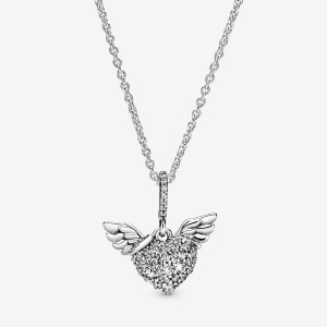 Sterling Silver Pandora Pavé Heart and Angel Wings Pendant Necklaces | 2537846-HZ