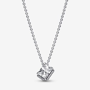 Sterling Silver Pandora Rectangular Sparkling Halo Collier Pendant Necklaces | 2954106-IN