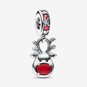 Sterling Silver Pandora Red Nose Reindeer Murano Dangle Dangle Charms | 3974601-SG