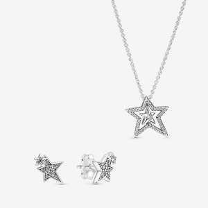 Sterling Silver Pandora Sparkling Asymetric Star Jewelry Gift Set Pendant Necklaces | 4268703-MQ