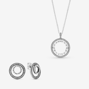 Sterling Silver Pandora Sparkling Pave Circle Jewelry Gift Set Necklace & Earring Sets | 5468910-WN