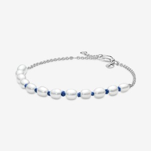 Sterling Silver Pandora Treated Freshwater Cultured Pearl Blue Cord Non-charm Bracelets | 7934508-EA