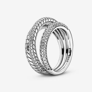 Sterling Silver Pandora Triple Band Pavé Snake Chain Pattern Statement Rings | 1543207-MR