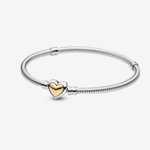 Two-tone Pandora Domed Golden Heart Clasp Snake Charm Bracelets | 4896105-AO