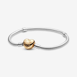 Two-tone Pandora Moments Heart Clasp Snake Charm Bracelets | 1897465-GW