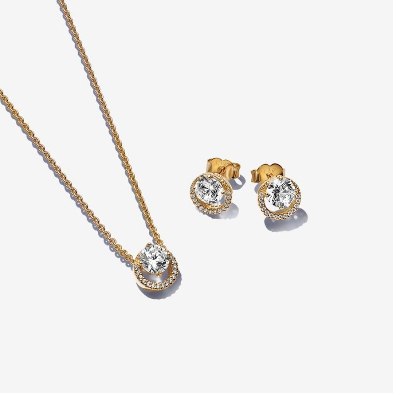 Gold Pandora Sparkling Round Halo Jewelry Gift Set Necklace & Earring Sets | 8309546-SM