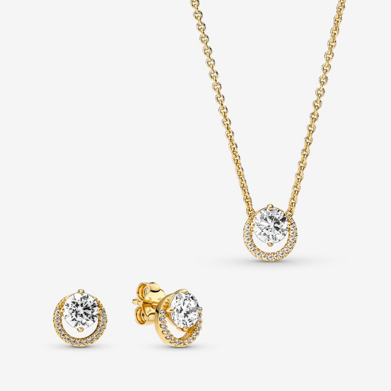 Gold Pandora Sparkling Round Halo Jewelry Gift Set Necklace & Earring Sets | 8309546-SM