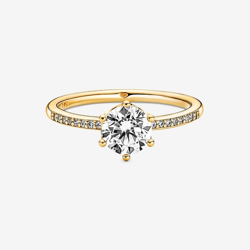 Gold Plated Pandora Clear Sparkling Crown Solitaire Heart & Promise Rings | 7594281-HZ