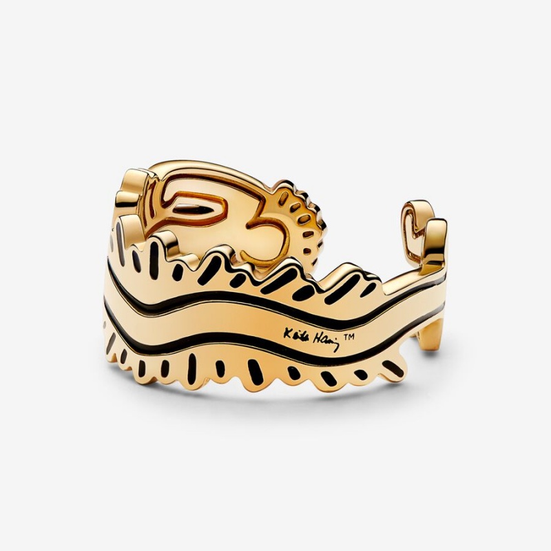 Gold Plated Pandora Keith Haring™ x Wavy Figure Open Band Rings | 2307651-RQ