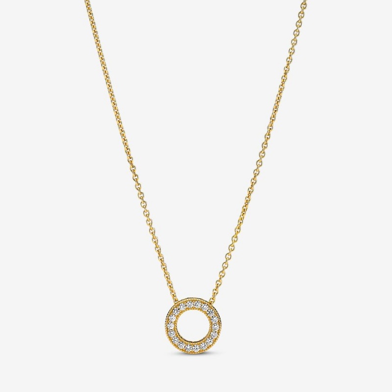 Gold Plated Pandora Logo Pavé Circle Collier Pendant Necklaces | 4378516-AK