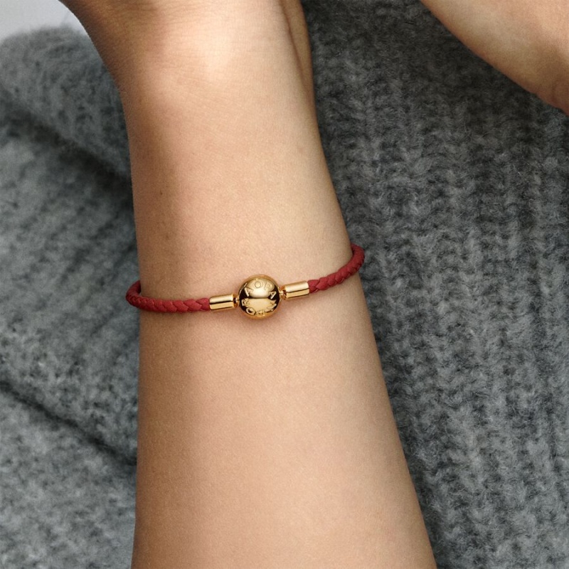 Gold Plated Pandora Moments Red Woven Leather Charm Bracelets | 7106934-KF