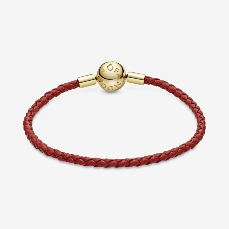 Gold Plated Pandora Moments Red Woven Leather Charm Bracelets | 7106934-KF