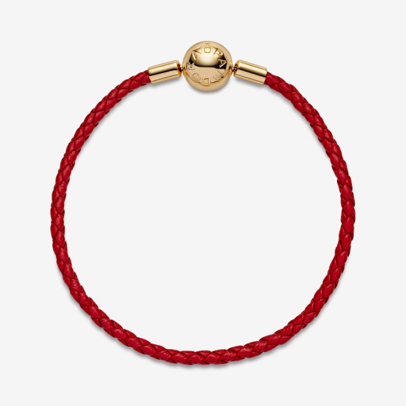 Gold Plated Pandora Moments Red Woven Leather Charm Bracelets | 7106934-KF