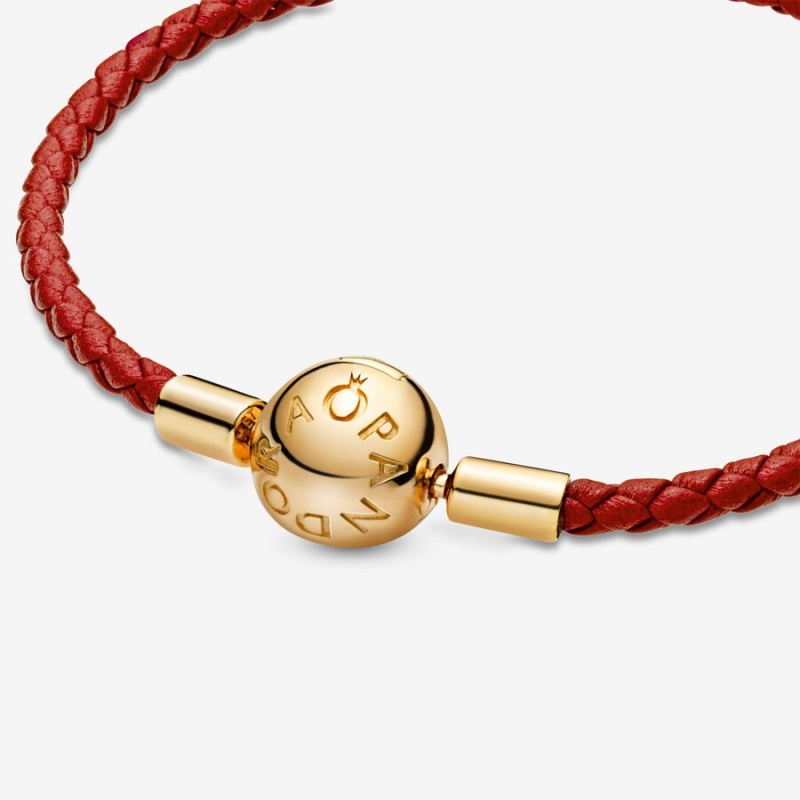 Gold Plated Pandora Moments Red Woven Leather Charm Bracelets | 7106934-KF