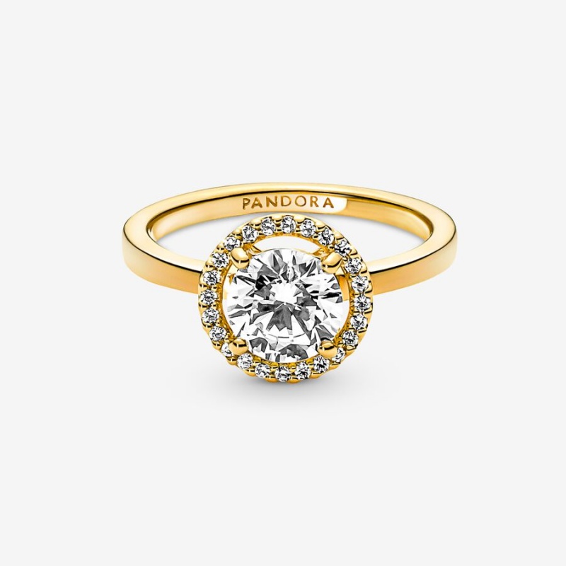 Gold Plated Pandora Sparkling Round Halo Halo & Solitaire Rings | 9702534-QW