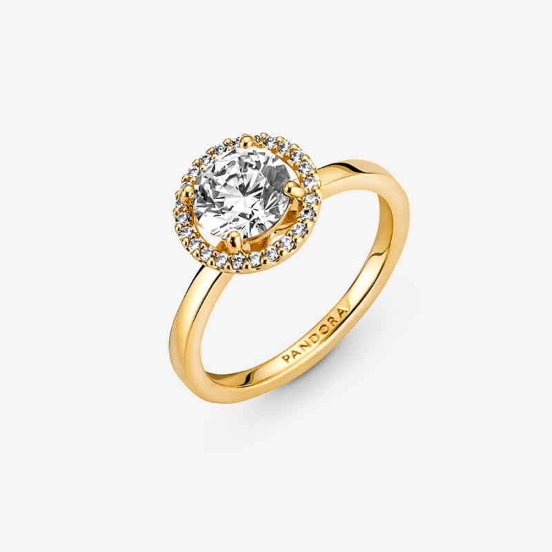 Gold Plated Pandora Sparkling Round Halo Halo & Solitaire Rings | 9702534-QW