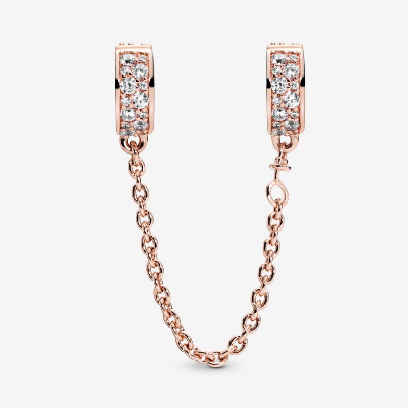 Rose Gold Plated Pandora Clear Pavé Safety Clip Safety Chains | 3894570-OY