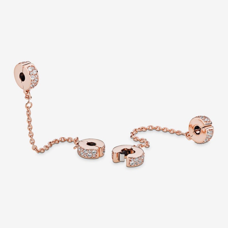 Rose Gold Plated Pandora Clear Pavé Safety Clip Safety Chains | 3894570-OY