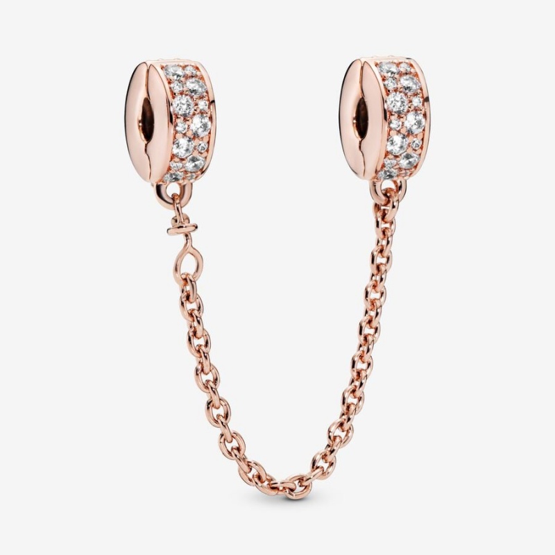 Rose Gold Plated Pandora Clear Pavé Safety Clip Safety Chains | 3894570-OY