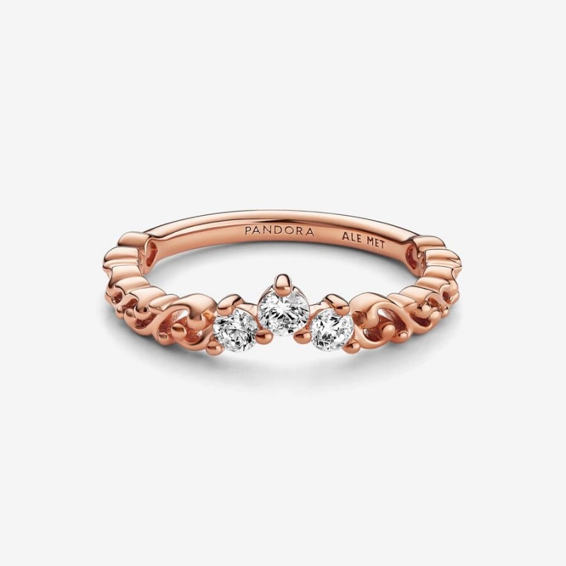 Rose Gold Plated Pandora Clear Three-Stone Heart & Promise Rings | 4156392-AT