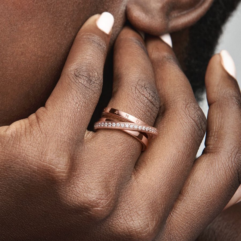 Rose Gold Plated Pandora Crossover Pavé Triple Band Rings | 0234586-DN