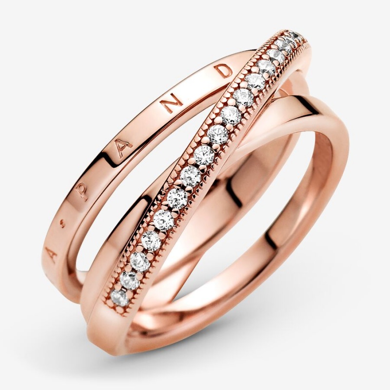 Rose Gold Plated Pandora Crossover Pavé Triple Band Rings | 0234586-DN