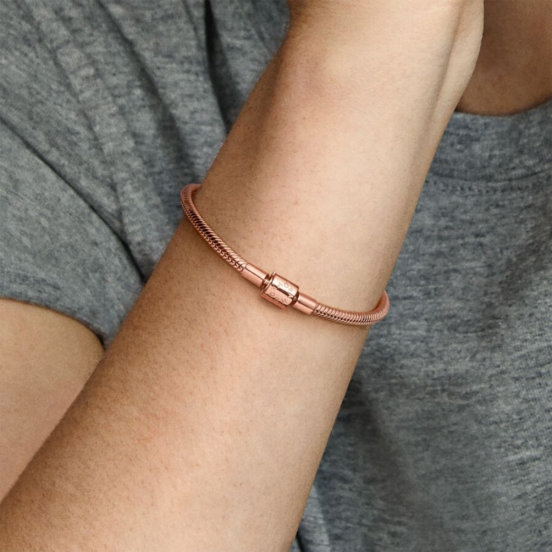 Rose Gold Plated Pandora Moments Barrel Clasp Snake Chain Bracelets | 0218754-HE