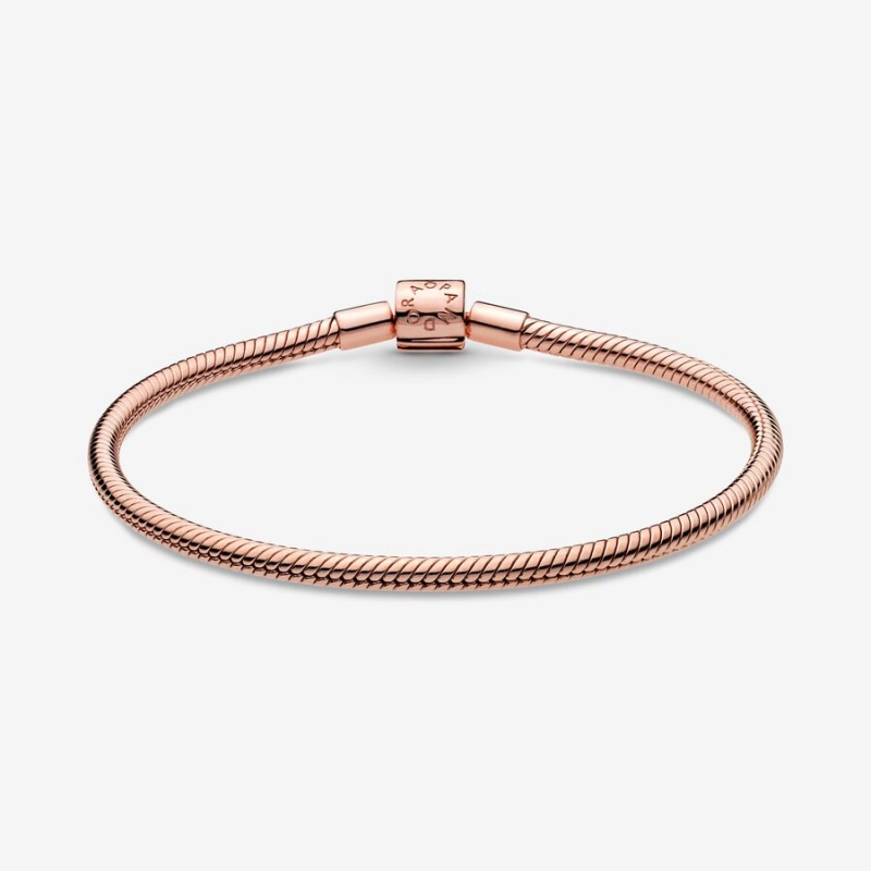 Rose Gold Plated Pandora Moments Barrel Clasp Snake Chain Bracelets | 0218754-HE