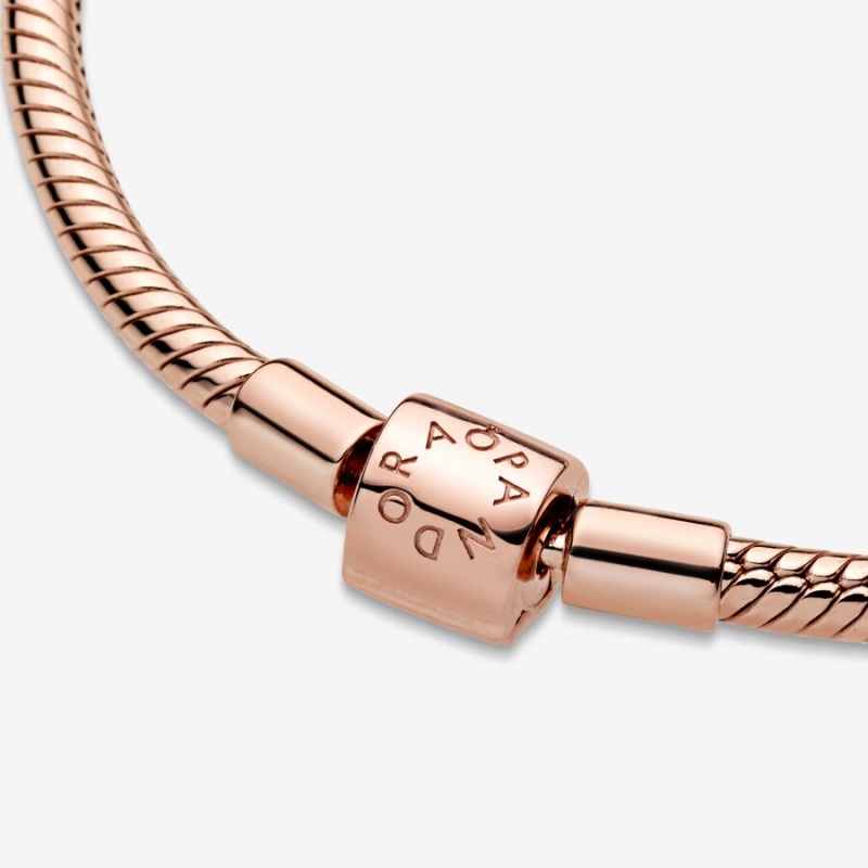 Rose Gold Plated Pandora Moments Barrel Clasp Snake Chain Bracelets | 0218754-HE