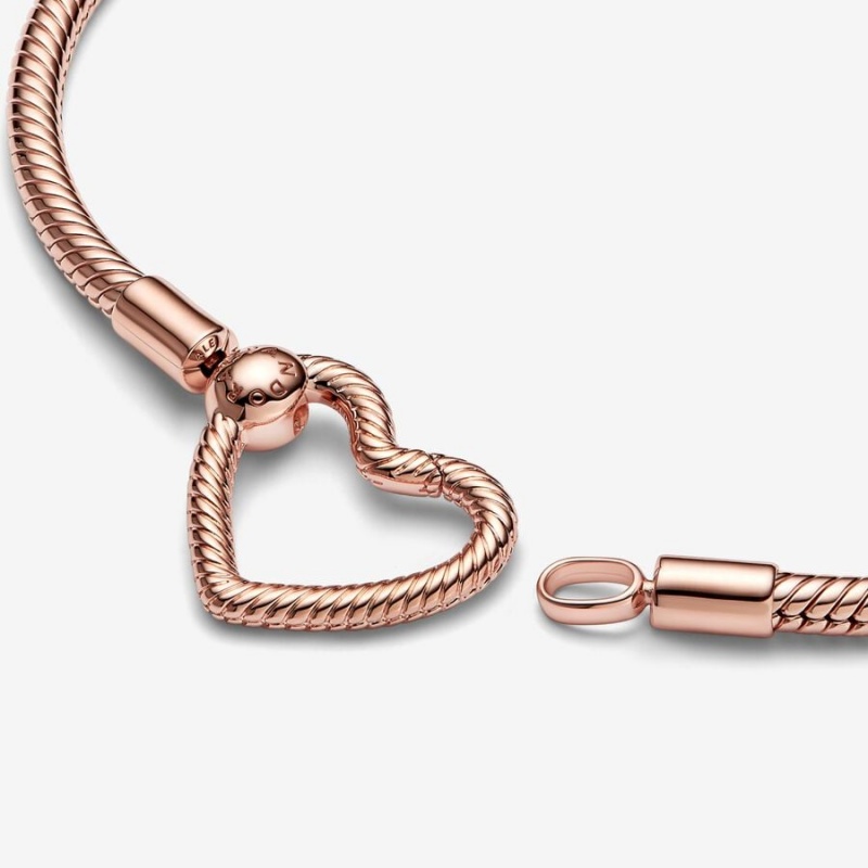 Rose Gold Plated Pandora Moments Heart Closure Snake Charm Bracelets | 1075294-EH