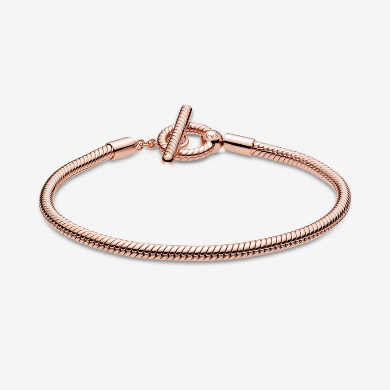 Rose Gold Plated Pandora Moments T-Bar Snake Charm Bracelets | 7163058-IO