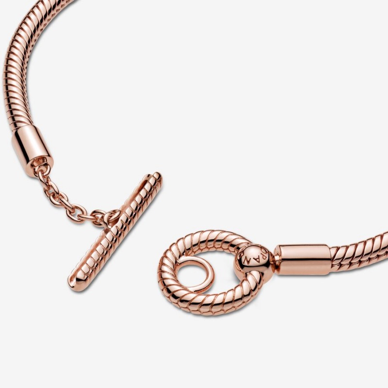 Rose Gold Plated Pandora Moments T-Bar Snake Charm Bracelets | 7163058-IO