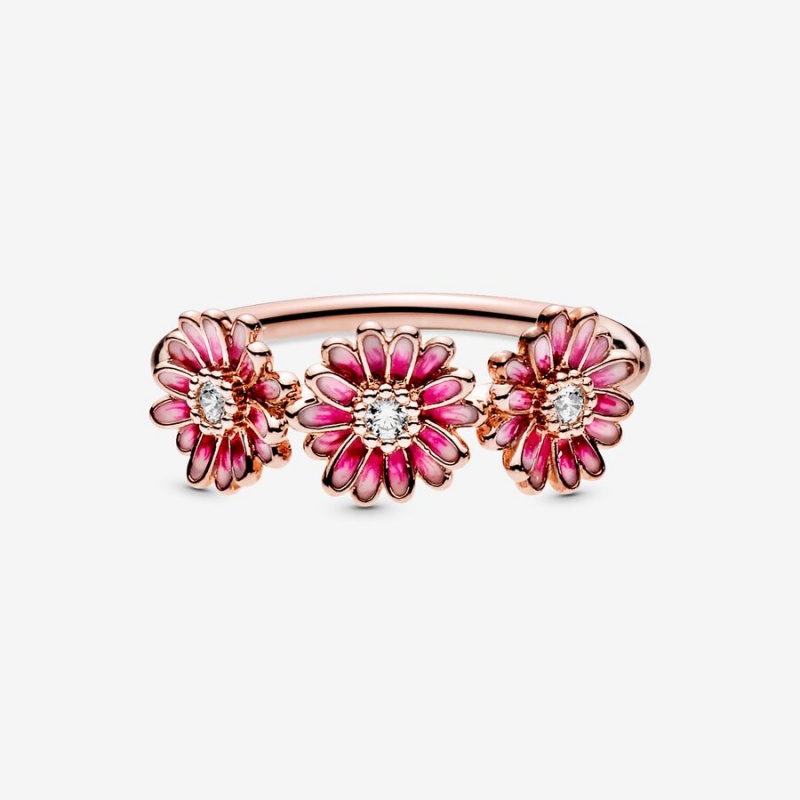 Rose Gold Plated Pandora Pink Daisy Flower Trio Statement Rings | 9426058-QB