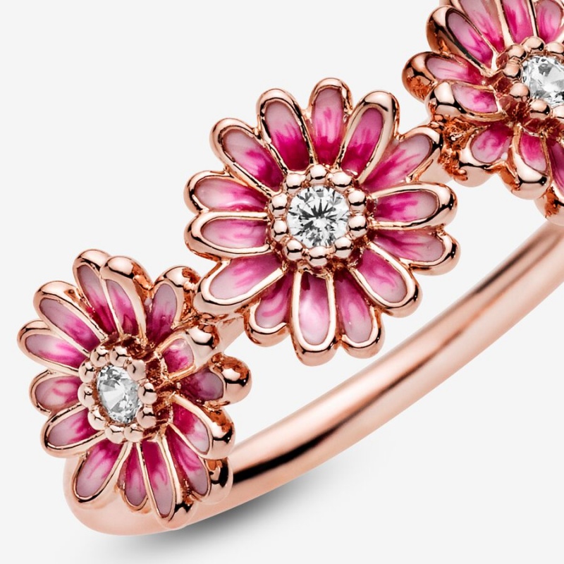 Rose Gold Plated Pandora Pink Daisy Flower Trio Statement Rings | 9426058-QB