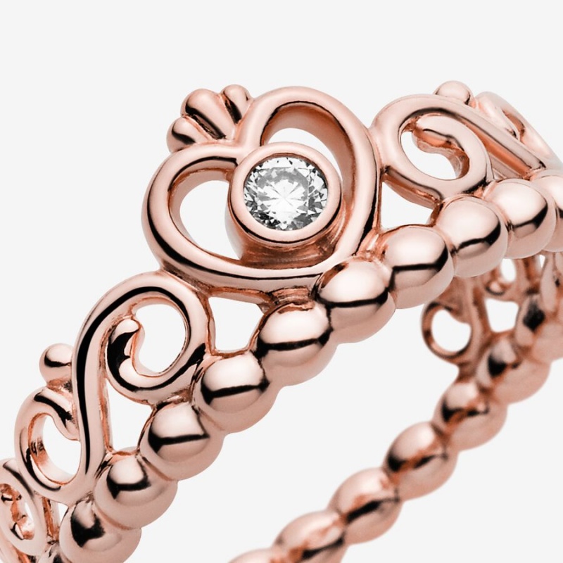 Rose Gold Plated Pandora Princess Tiara Crown Heart & Promise Rings | 9416537-AU